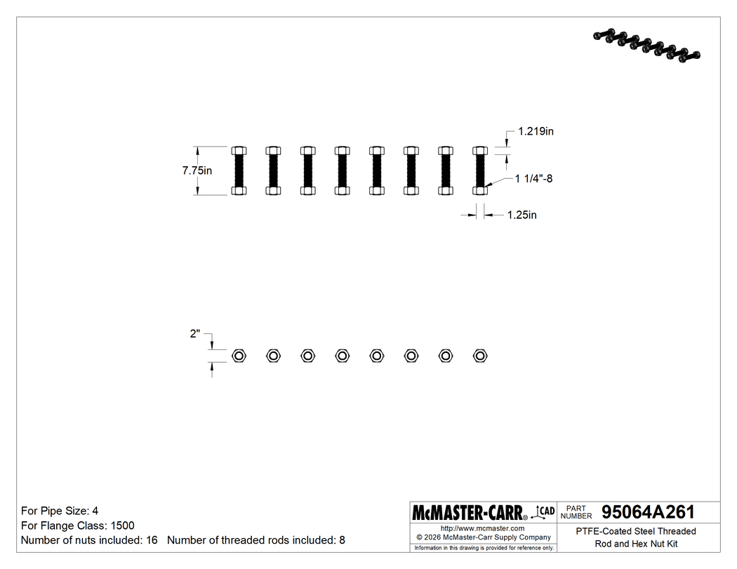 Technical Drawing of PTFE-Coated Steel Threaded Rod and Hex Nut Kit, for Class 1500 Size 4 Pipe Flange.